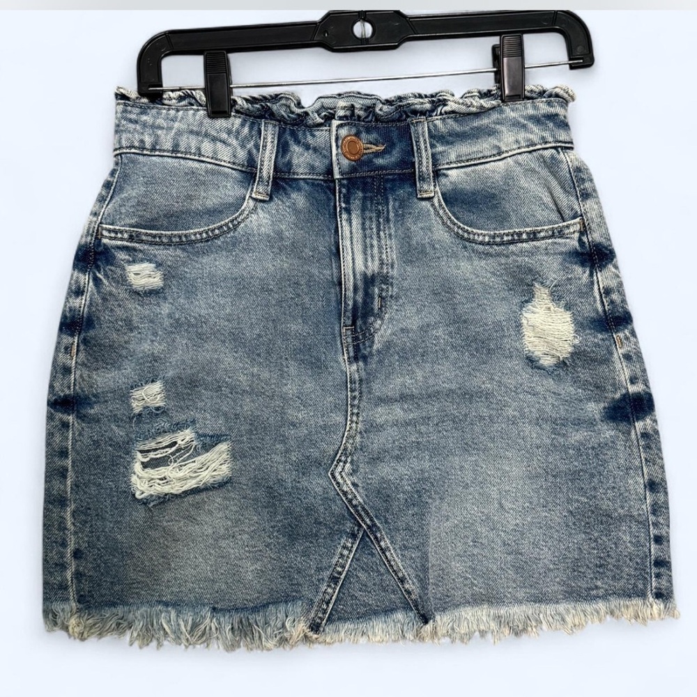 Y2K Distressed Denim Mini Skirt 7/28W High Waist Frayed Grunge Casual Streetwear